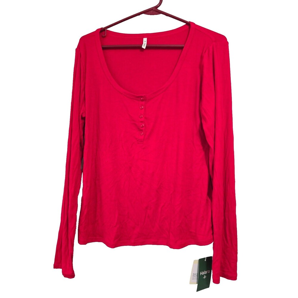 Halara Red Henley Top Size XL Long Sleeve Scoop Neck Stretch Fitted NWT